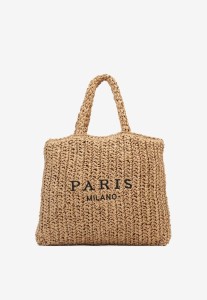 Ciemnobeżowa Pleciona Torebka Shopperka z Napisem Odaville