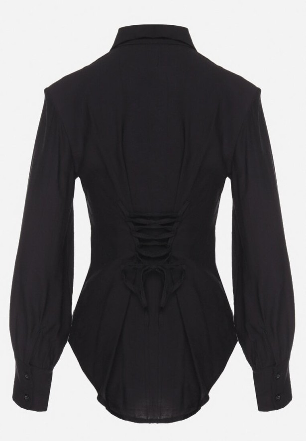 Czarna Koszula z Usztywnionymi Ramionami Ozdobiona Sznurkiem Meroriela