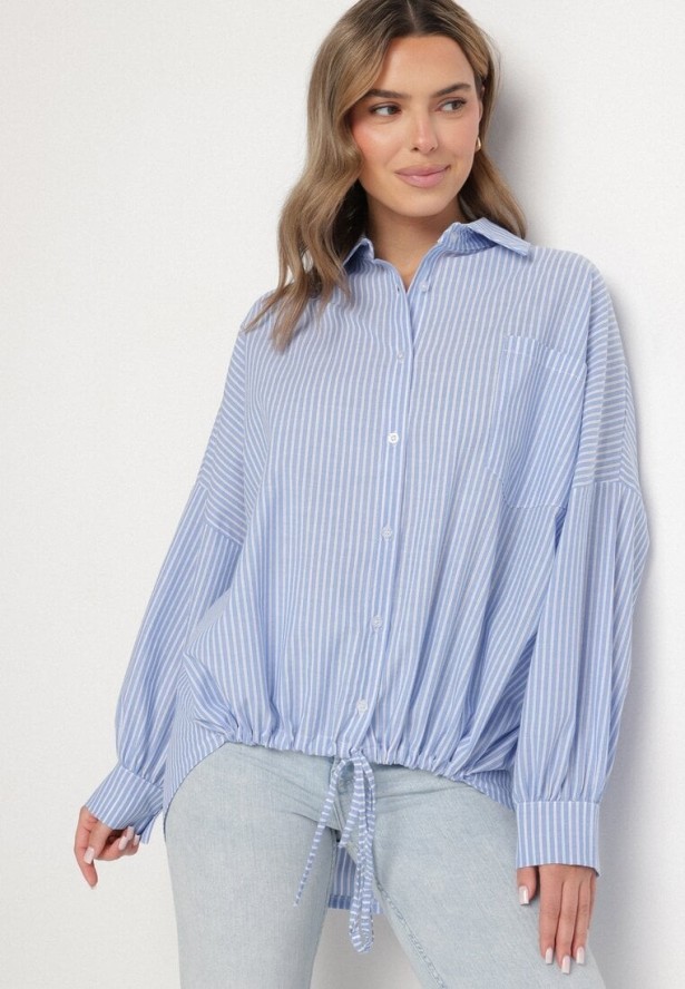 Jasnoniebieska Bawełniana Koszula Oversize w Paski ze Ściągaczem Elineola