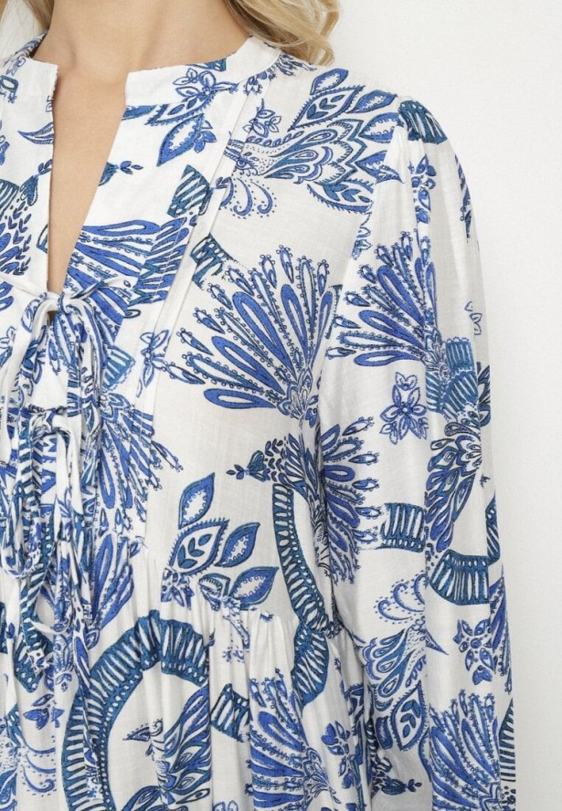 Niebieska Sukienka z Wiskozą o Rozkloszowanym Kroju z Wiązaniem w Roślinny Wzór Korivona