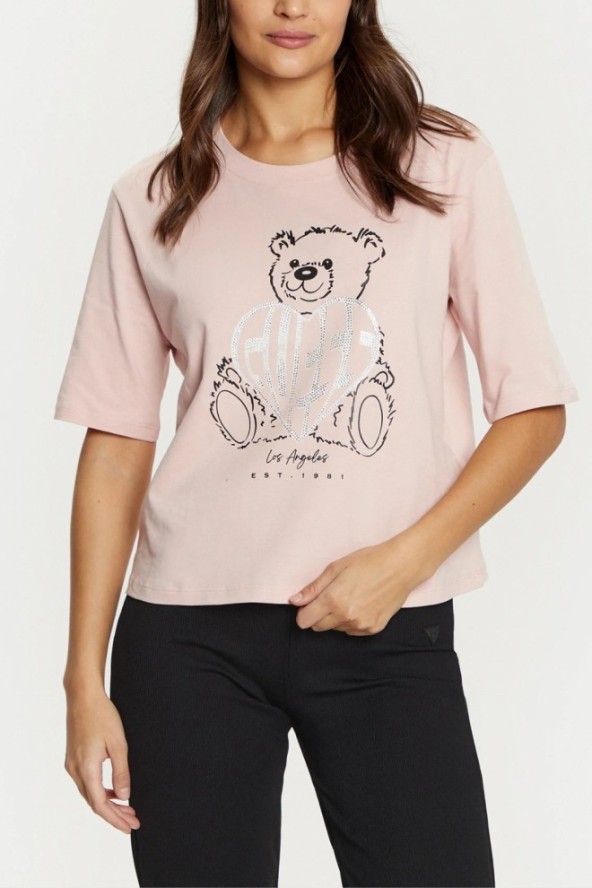 GUESS Różowy t-shirt damski Bear Boxy, Rozmiar L