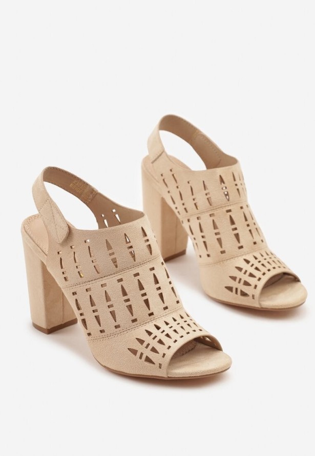 Jasnobeżowe Ażurowe Sandały na Słupku Vices ze Skórzaną Wkładką Linetelia
