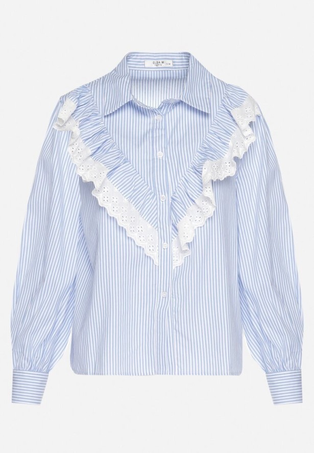 Niebieska Bawełniana Koszula w Paski z Ozdobnym Dekoltem z Falbanką Paleriella