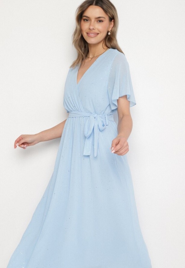 Niebieska Brokatowa Sukienka Koktajlowa Ozdobiona Paskiem Ziliane