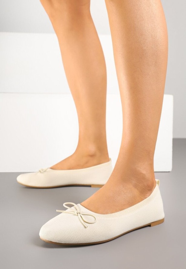 Beżowe Balerinki Materiałowe z Kokardką Melkio