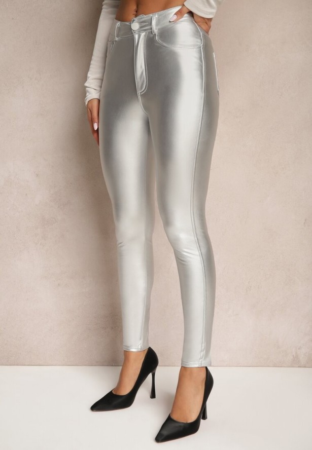 Srebrne Spodnie o Kroju Skinny z Ekoskóry Zorlemi