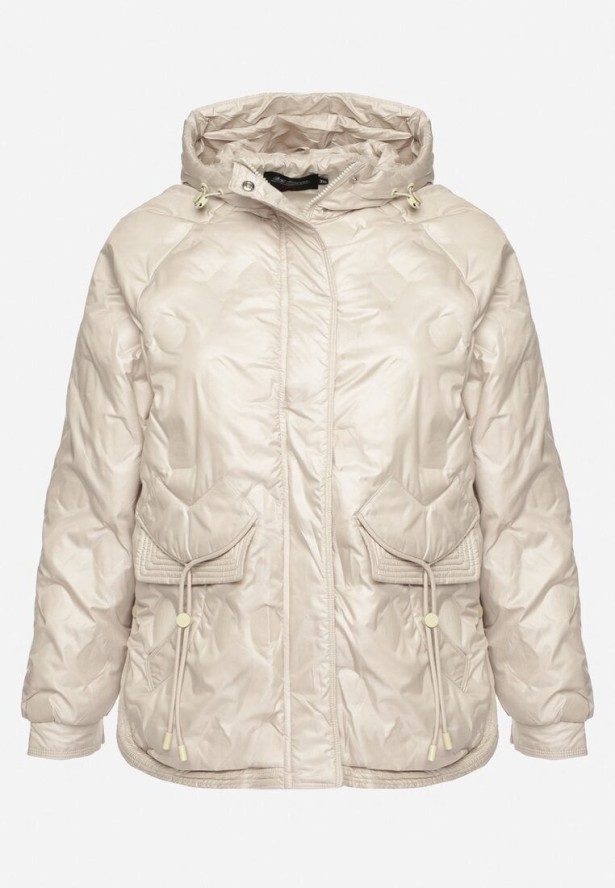 Beżowa Kurtka Pikowana z Kapturem i Kieszeniami o Pudełkowym Kroju Eravinna