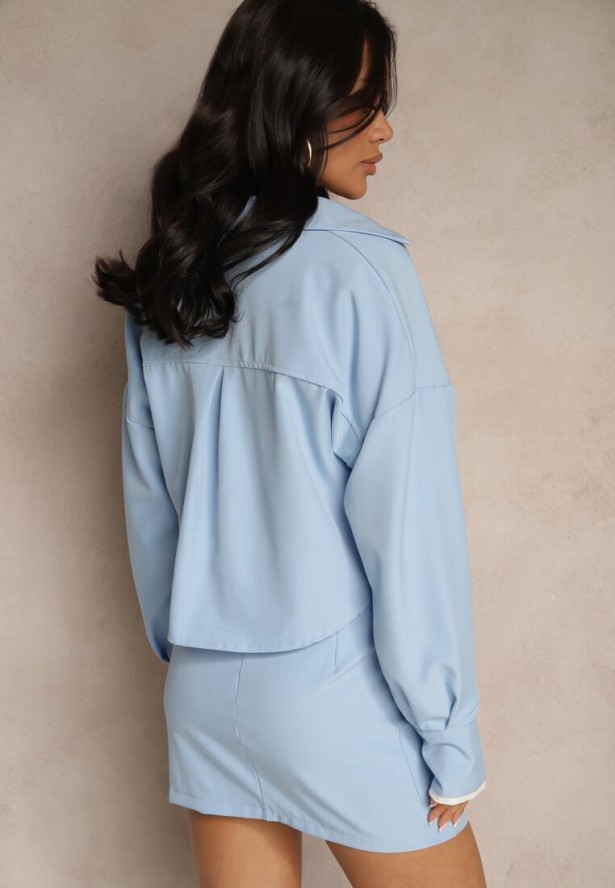 Niebieski Komplet Spódnica i Koszula Ozdobione Imitacją Kieszeni Grelsedi