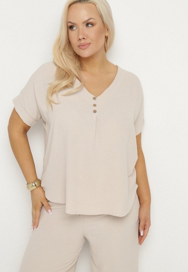 Jasnobeżowy Komplet o Fasonie Oversize Bluzka i Szerokie Spodnie Amisora