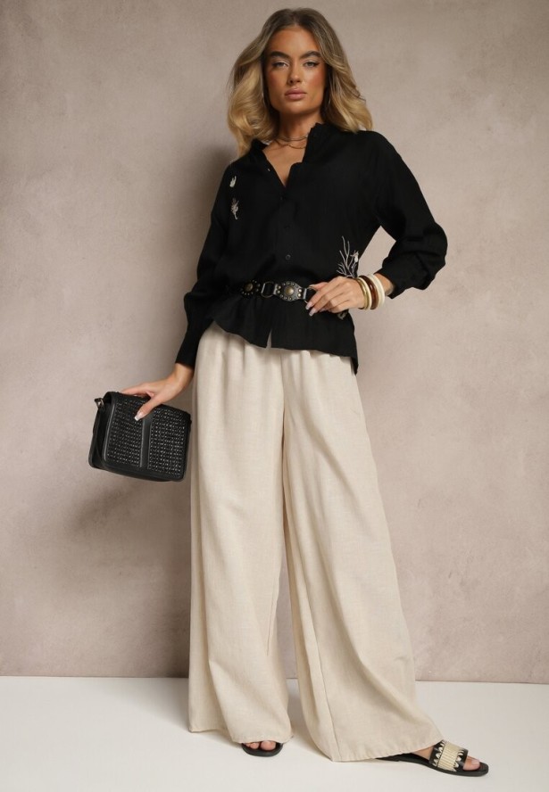 Czarna Klasyczna Koszula z Wiskozą z Haftowanymi Zdobieniami Korolena