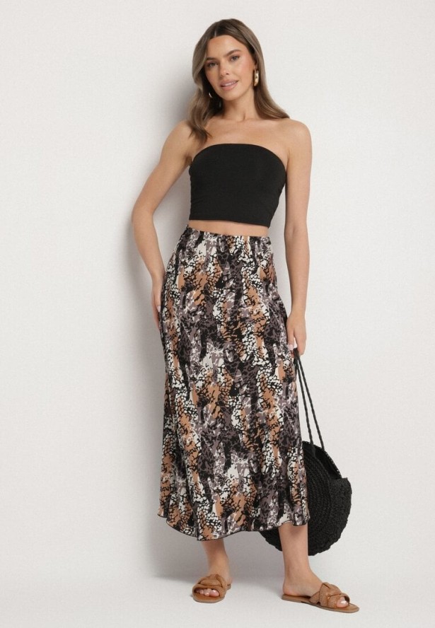 Szaro-Beżowa Wiskozowa Spódnica z Wysokim Stanem i Abstrakcyjnym Wzorem Rinalisa