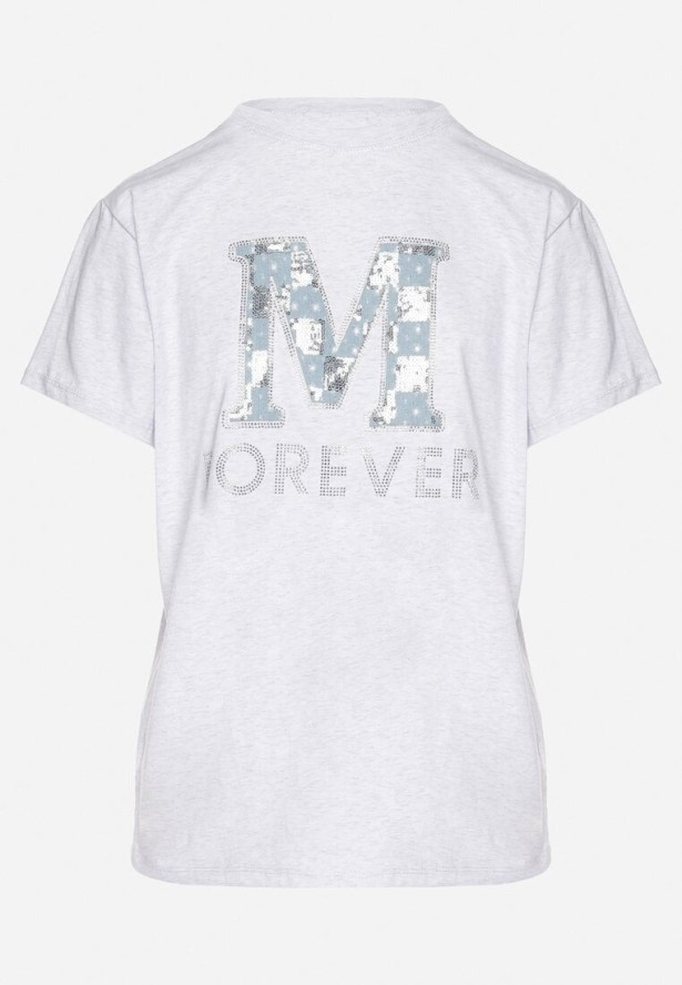 Jasnoszary T-shirt z Bawełny Ozdobiony Napisem i Cyrkoniami Olireth