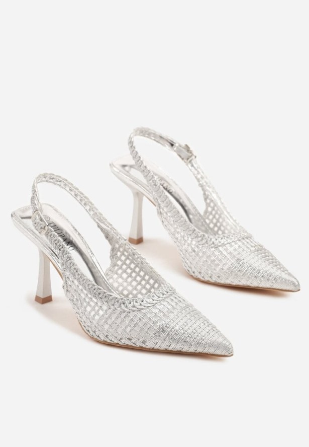 Srebrne Sandały na Szpilce Typu Slingback Ozdobione Plecionką Meranoria