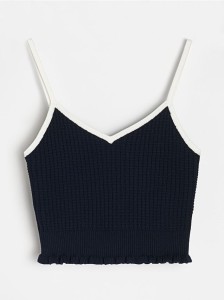 Swetrowy crop top z bawełną - granatowy