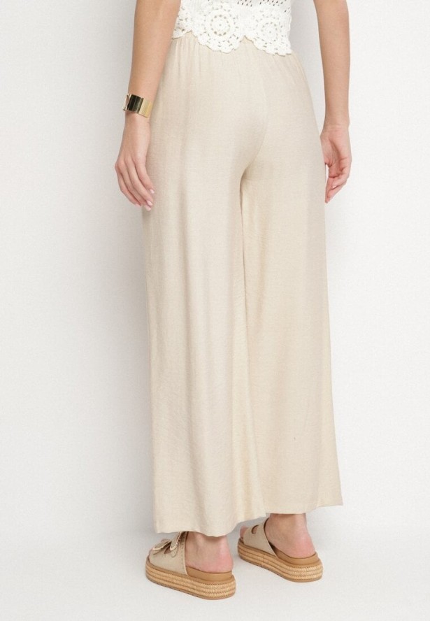Beżowe Szerokie Spodnie z Wysokim Stanem Ozdobione Sznurkiem Fenaris