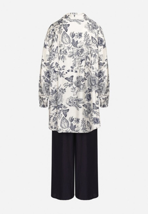 Granatowy Komplet Wiskozowy z Koszulą w Kwiaty i Szerokimi Spodniami Hanalore