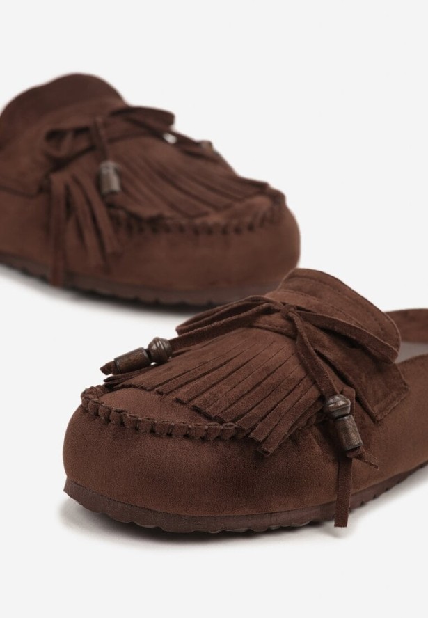Ciemnobrązowe Klapki Ozdobione Kokardą i Frędzlami Felindrise