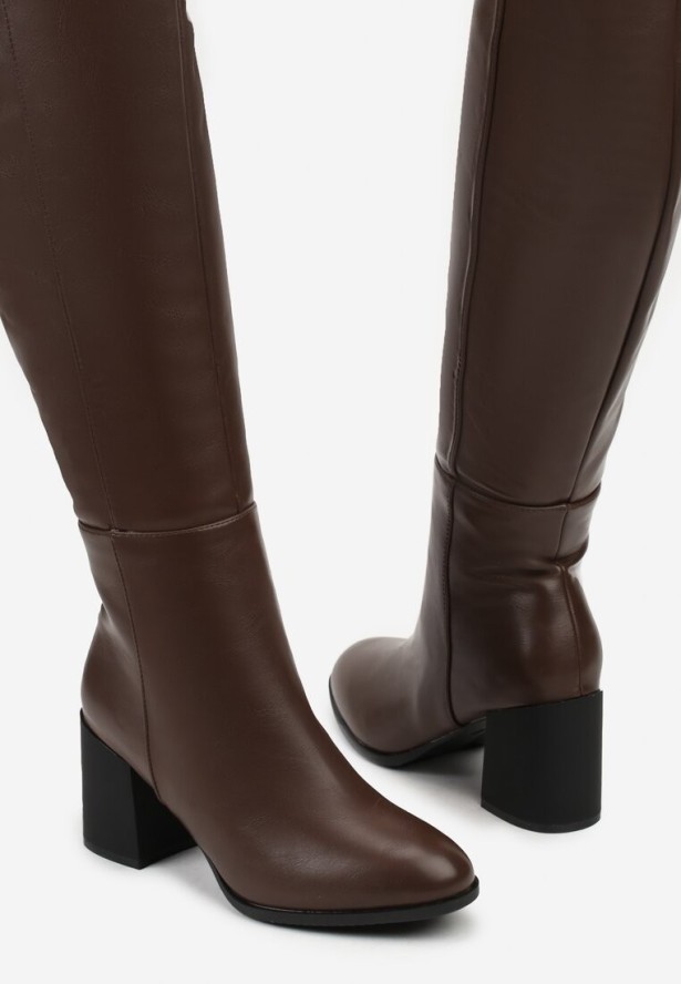 Brązowe Kozaki Vices na Obcasie Ozdobione Przeszyciami Cidvira