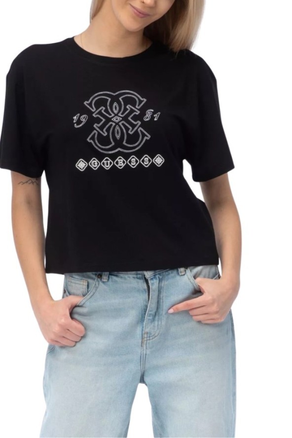 GUESS Czarny damski t-shirt na krótki rękaw z wyszywanym logo Gabi, Rozmiar XS