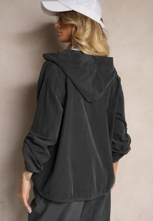 Ciemnoszara Koszula z Bawełny z Regulowanymi Rękawami i Kapturem Terresia