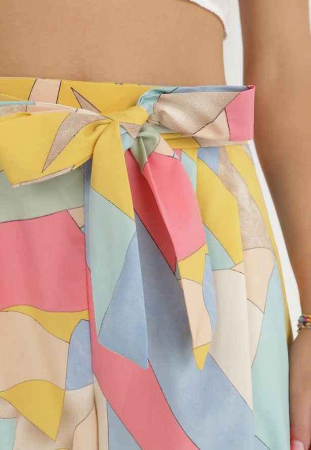 Beżowe Szerokie Spodnie w Geometryczny Wzór Amunio