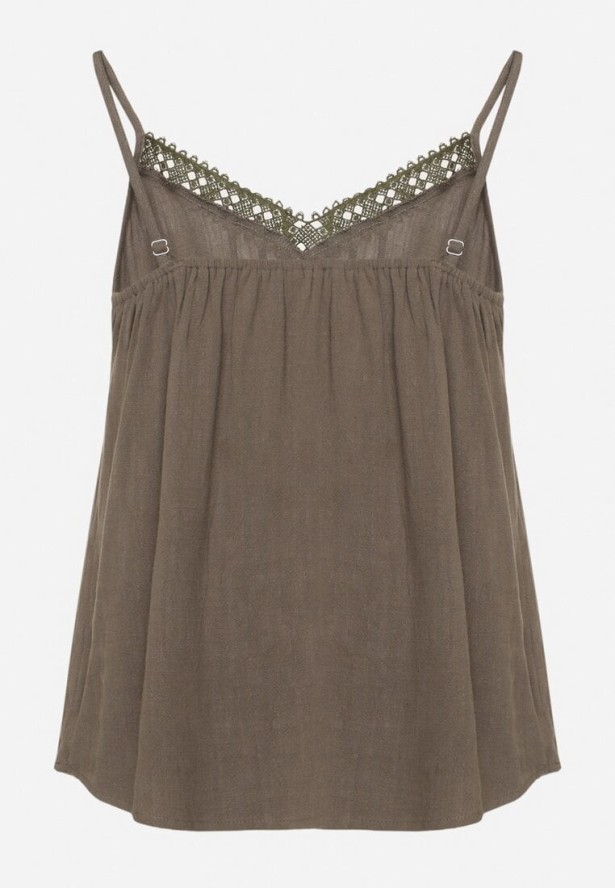 Ciemnozielony Top z Lnem i Wiskozą Ozdobiony Koronką Semindira