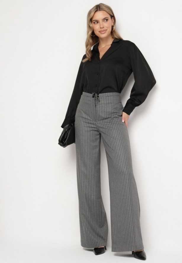 Ciemnoszare Spodnie Garniturowe z Wiskozą z Kieszeniami i Wiązaniem Sevitha