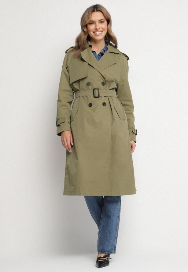 Ciemnozielony Płaszcz Trencz z Wiskozą o Klasycznym Kroju z Paskiem Mabbea