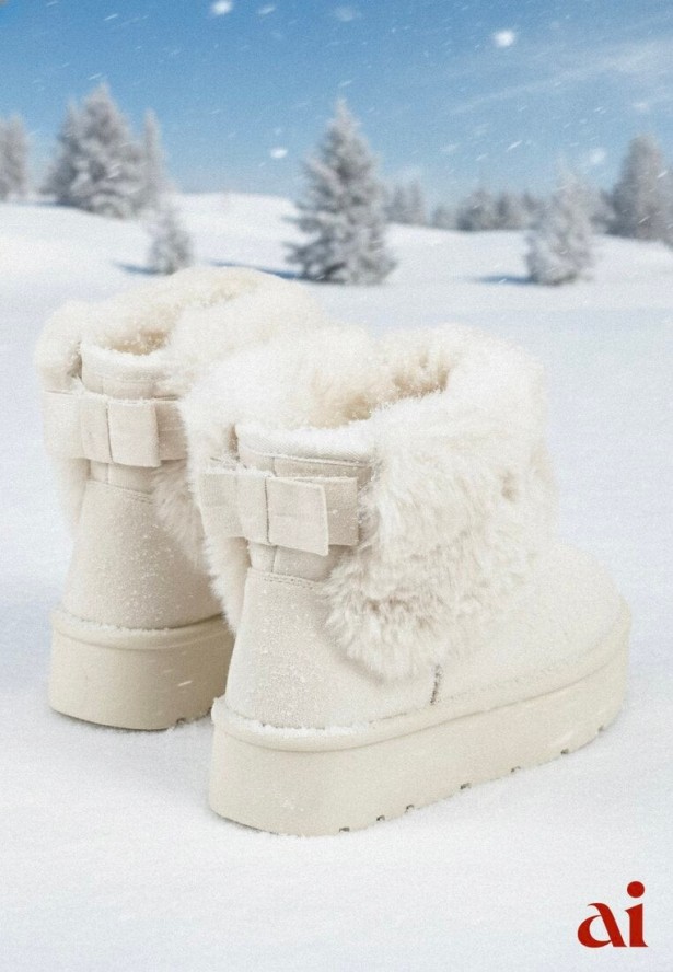 Beżowe Śniegowce z Cholewką za Kostkę Ocieplane z Futerkiem i Małą Kokardą Reinedia