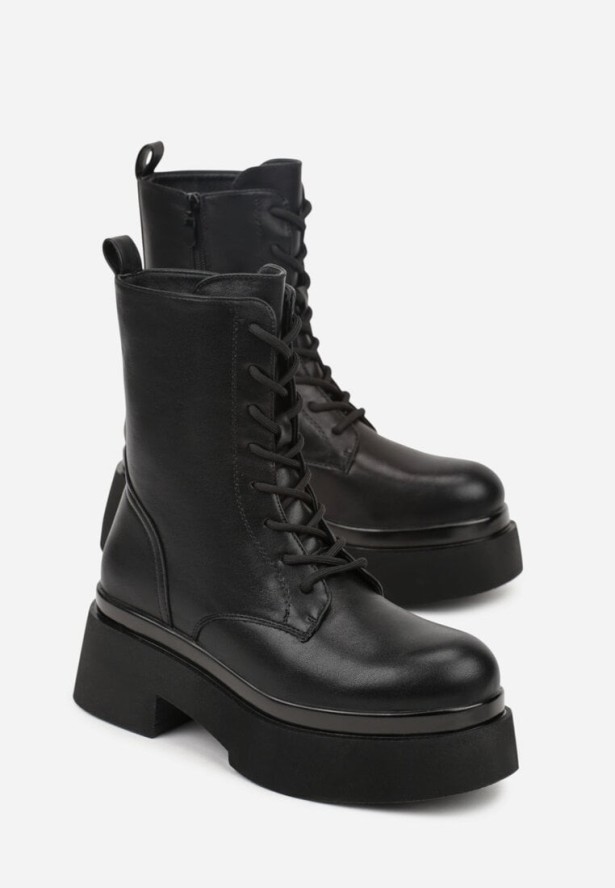 Czarne Botki Workery na Grubej Podeszwie Tuseena