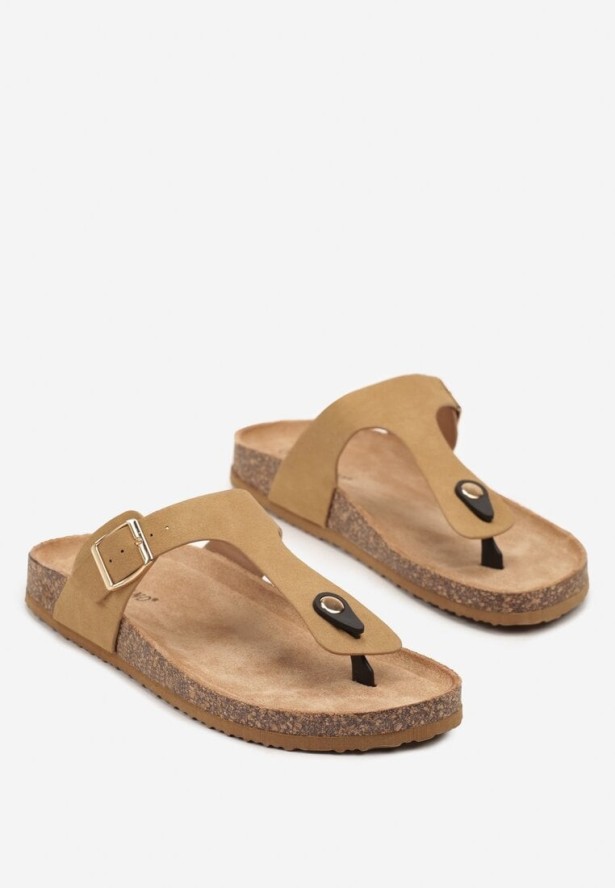 Ciemnobeżowe Klapki Japonki na Podeszwie z Imitacji Korka Idessa