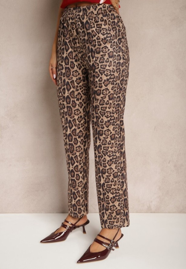 Beżowe Spodnie z Prostymi Nogawkami w Panterkę Enalora