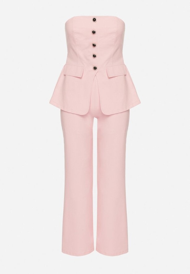 Różowy Komplet Top z Baskinką i Ozdobnymi Guzikami i Szerokie Spodnie Palesia