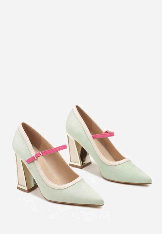 Jasnozielone Czółenka na Słupku z Metaliczną Wstawką i Paskiem Linnelea