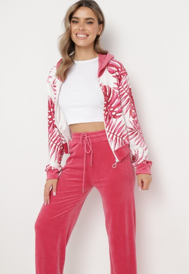Różowy Welurowy Komplet Dresowy Bluza z Florystycznym Printem i Szerokie Spodnie Taniussa