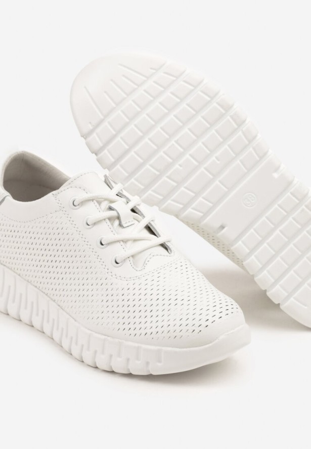 Białe Sneakersy ze Skóry Naturalnej z Perforacją na Tłoczonej Podeszwie Setilora