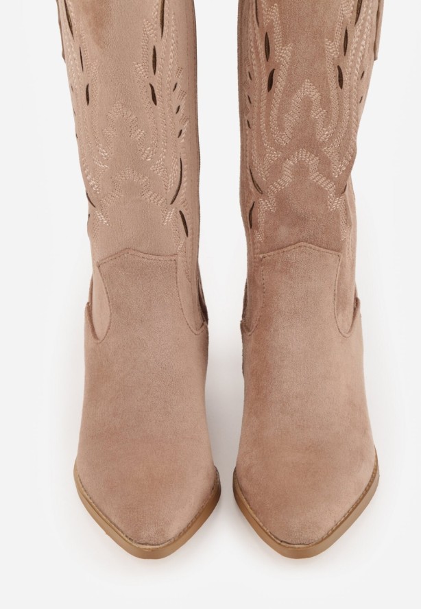 Ciemnobeżowe Botki Typu Kowbojki VICES na Obcasie z Ażurową Cholewką Eranata