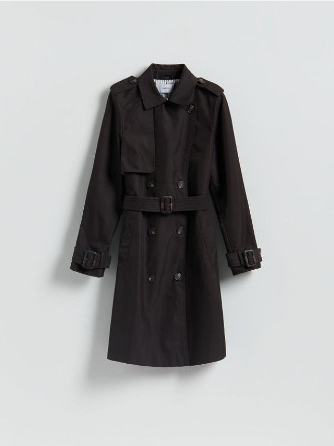 Dwurzędowy trencz z paskiem - ciemnobrązowy