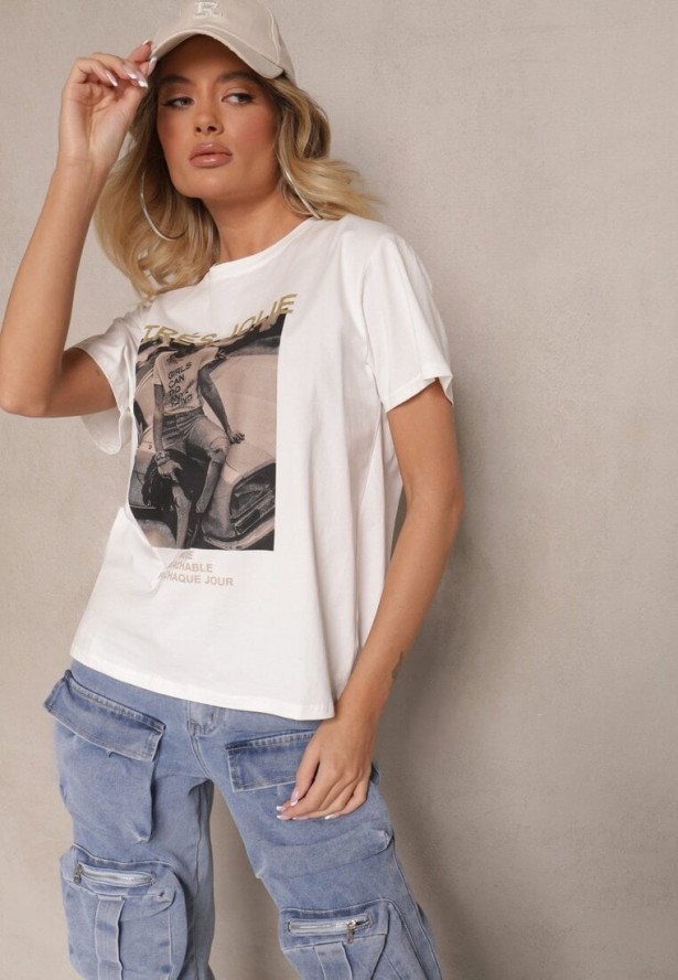 Biały Bawełniany T-shirt z Brokatem i Nadrukiem Nalamis