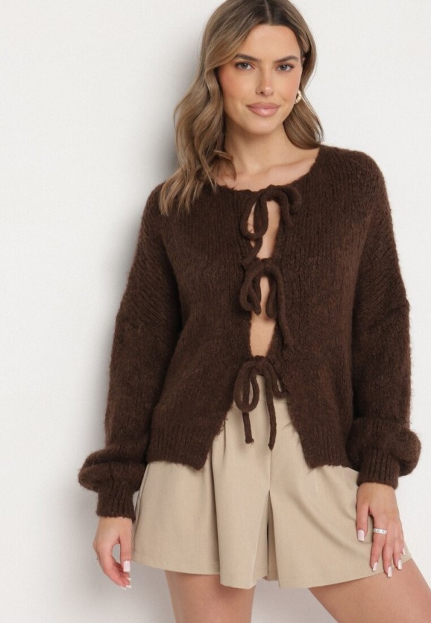 Brązowy Kardigan Oversize z Wełną Zdobiony Kokardkami Eleathalie