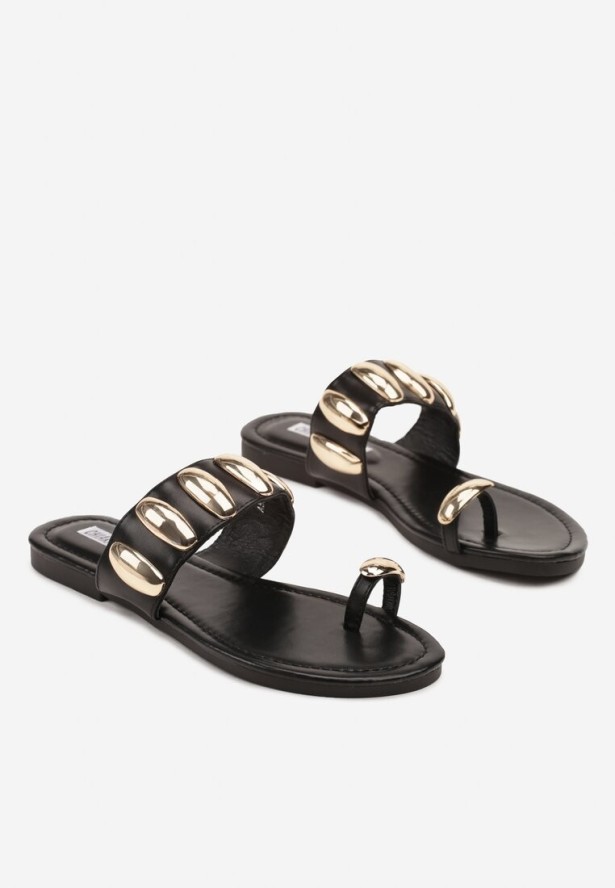 Czarne Klapki Typu Japonki z Metalicznymi Ozdobami Dezenne