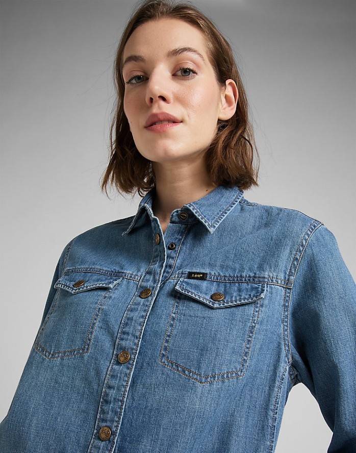 LEE SHIRT DRESS DAMSKA SUKIENKA JEANSOWA DŻINS MID STONE L50DPLVK 112145226