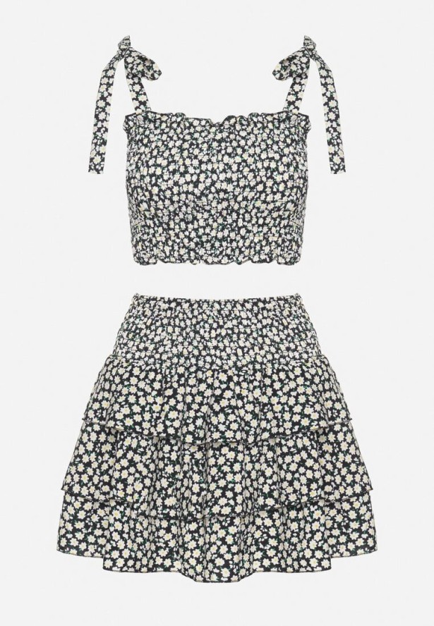 Czarny Komplet z Bawełną Top na Wiązanych Ramiączkach Spódnica z Falbanami Sariviane