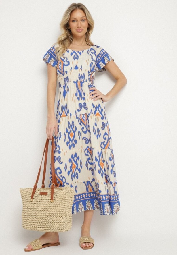 Niebieska Wiskozowa Sukienka z Geometrycznym Wzorem Cleanna