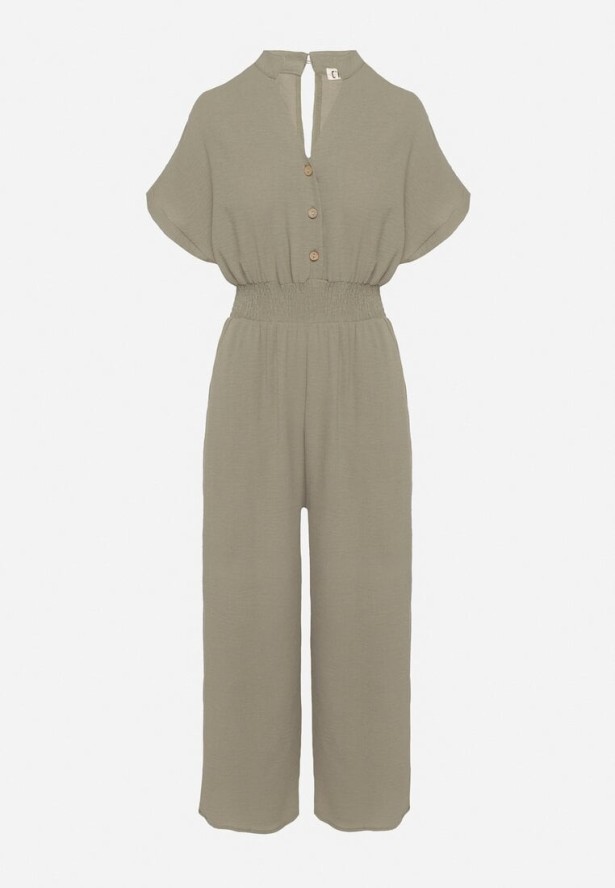 Zielony Kombinezon z Wiskozy z Gumką w Talii i Dekoltem w Serek z Guzikami Nisella