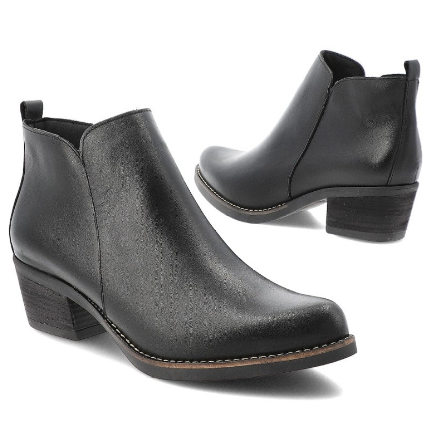 Botki damskie Hee, kowbojki ze skóry na klocku i na zamek, czarne, 25773