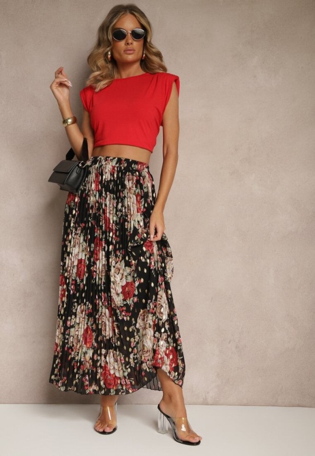 Czarna Rozkloszowana Spódnica z Plisami w Kwiatowy Wzór z Metalicznym Nadrukiem Follenna