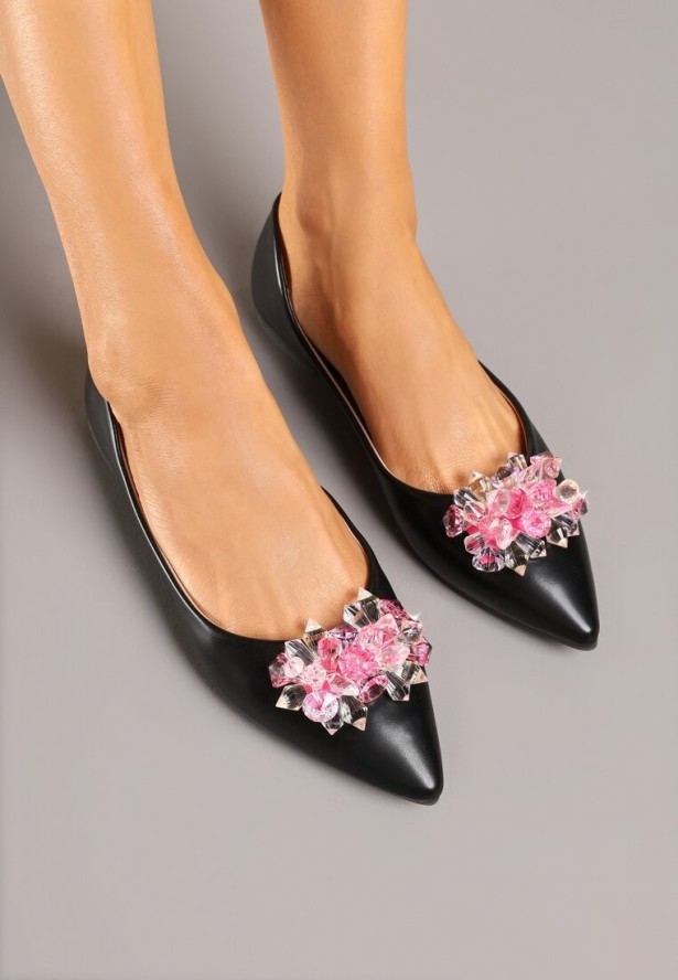 Czarno-Różowe Balerinki Ozdobione Kryształkami Vevaria