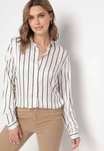 Biało-Czarna Koszula w Delikatne Paski z Podpinanymi Rękawami Berraza