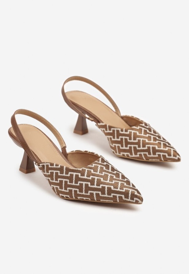 Brązowe Sandały na Obcasie Kaczuszce z Geometrycznym Motywem Arrivanna